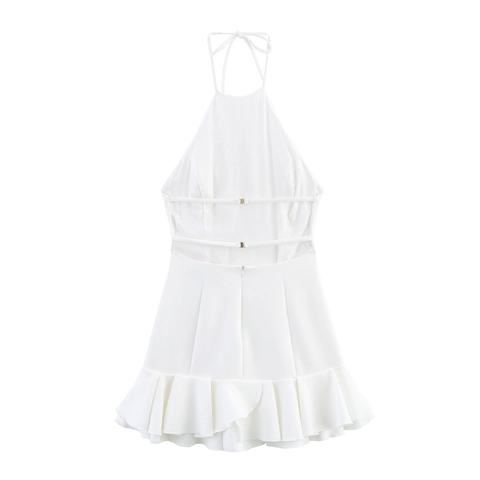 Abito Mini Bianco in Stile Francese Scollo all'Americana Volant a Strati Donna Sexy Schiena Scoperta Vita Alta Abito a Trapezio