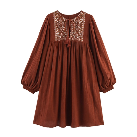 Women Bohemian Embroidered Mini Dress Rust Red Lantern Sleeve Tassel Tie Loose Vacation Cotton Blend A-Line Short Dress