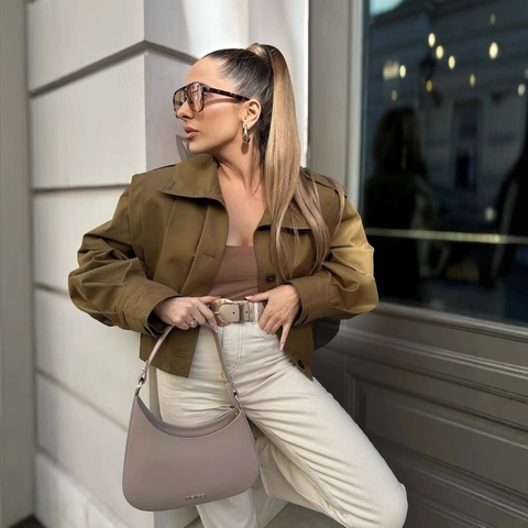 Women Fashion Single Breasted Pleated Short Windbreaker Jacket Lapel Long Sleeve Casual Commuter Epaulettes Solid Color Outerwear