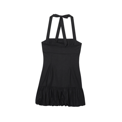 Damen Halterhals Ballonsaum Minikleid Sexy Rückenfrei Schleife A-Linie Sommer Party Schwarz Baumwolle Leinen Kleid