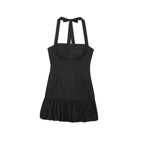 Damen Halterhals Ballonsaum Minikleid Sexy Rückenfrei Schleife A-Linie Sommer Party Schwarz Baumwolle Leinen Kleid