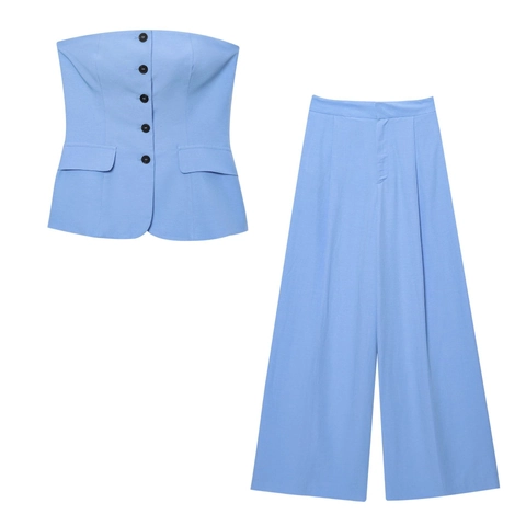 Completo Donna Elegante 2 Pezzi Gilet Senza Spalline Con Bottoni E Pantaloni Gamba Larga Tinta Unita Streetwear Estivo