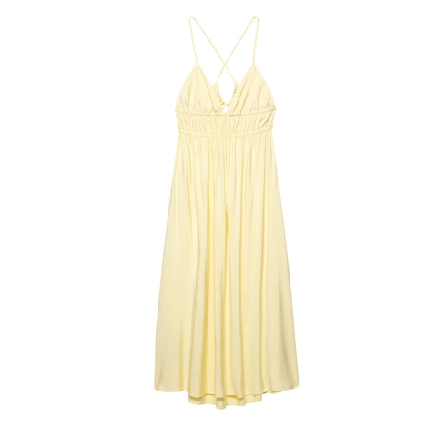 Sommer Elegantes Rückenfreies Cami Maxi Kleid Für Damen Hellgelb Gerafft V-Ausschnitt Überkreuzter Rücken Urlaub A-Linie Langes Kleid