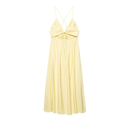 Sommer Elegantes Rückenfreies Cami Maxi Kleid Für Damen Hellgelb Gerafft V-Ausschnitt Überkreuzter Rücken Urlaub A-Linie Langes Kleid