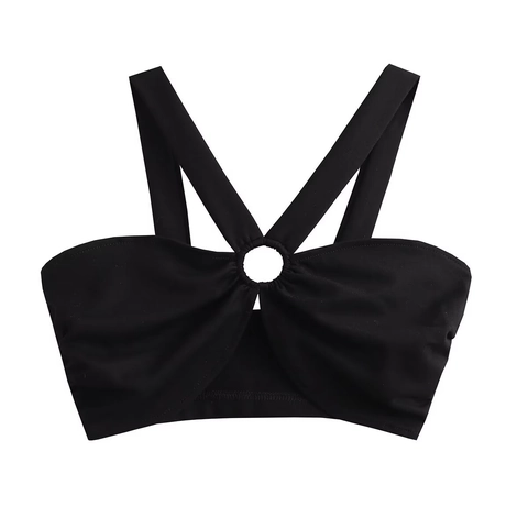 Sexy Halter Criss-Cross Crop Top Metal Ring Double Straps Slim Fit Solid Color Polyester Spandex Women Summer Party Top