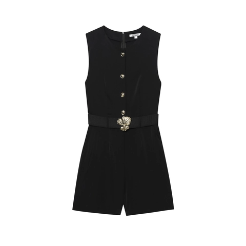 Women Casual Solid Black Sleeveless Jumpsuit Round Neck Single Breasted Romper With Floral Buckle Belt Summer Slim Fit Bodysuit Outfit