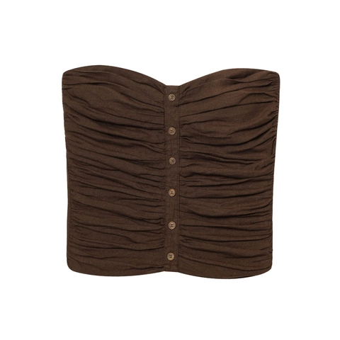 Top a Tubo Sexy Arricciato da Donna Misto Cotone Lino Decorazione Bottoni Taglio Aderente Schiena Scoperta Bandeau Estivo Marrone