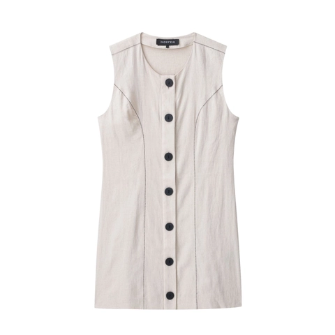 Robe Midi sans Manches pour Femme Mélange Coton Lin Col Rond Surpiqûres Contrastées Boutonnée Robe d'Été Décontractée Kaki