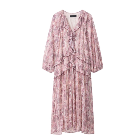 Robe Maxi pour Femmes Col en V Imprimé Paisley Volants Manches Longues Bohème Étagée Aspect Mousseline Mélange Polyester Fête