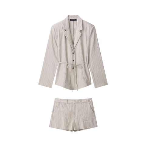 Ensemble Blazer À Rayures Et Short Style Français Pour Femmes Été Décontracté Bureau Beige Manches Longues Revers Costume