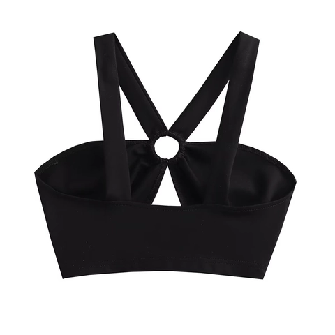 Sexy Halter Criss-Cross Crop Top Metal Ring Double Straps Slim Fit Solid Color Polyester Spandex Women Summer Party Top
