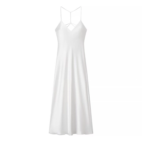 Eleganter Weißer Satin-Trägerkleid Für Damen V-Ausschnitt Ärmellos Überkreuzter Rücken Sexy Midikleid Minimalistisches Sommerkleid