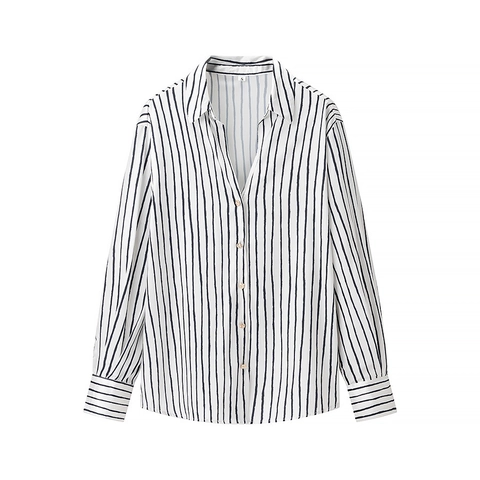 Women Casual Vertical Striped Satin Shirt Long Sleeve Single Breasted Blouse With Gold Buttons Lapel Elegant Commute Top