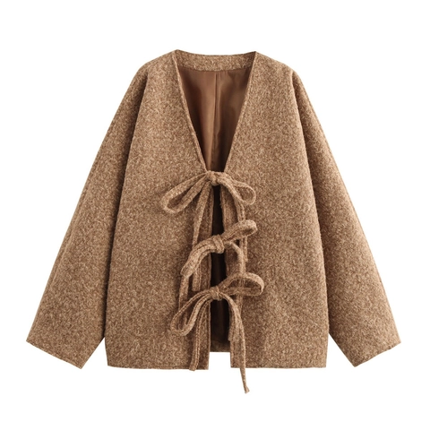 Women Casual Bow Tie Front Teddy Fleece Cardigan Jacket Oversized V Neck Long Sleeve Sherpa Outerwear Coat For Autumn Winter