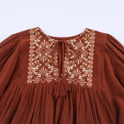 Women Bohemian Embroidered Mini Dress Rust Red Lantern Sleeve Tassel Tie Loose Vacation Cotton Blend A-Line Short Dress