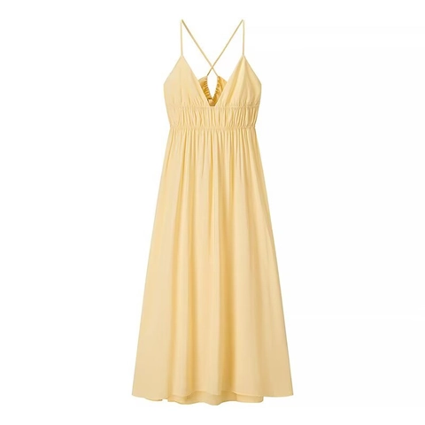 Damen Sexy Rückenfreies Maxikleid Gelb Spaghetti Träger V Ausschnitt Plissiert A Linie Satin Look Langes Kleid Für Sommer Urlaub