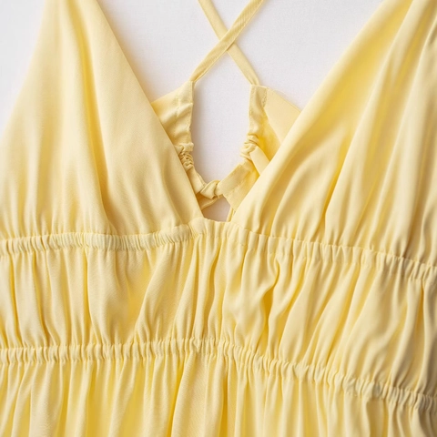 Damen Sexy Rückenfreies Maxikleid Gelb Spaghetti Träger V Ausschnitt Plissiert A Linie Satin Look Langes Kleid Für Sommer Urlaub