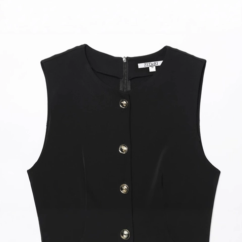 Women Casual Solid Black Sleeveless Jumpsuit Round Neck Single Breasted Romper With Floral Buckle Belt Summer Slim Fit Bodysuit Outfit