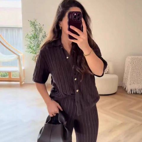 Completo Casual da Donna in Maglia a Costine Tinta Unita Manica Corta Top e Pantaloni Loungewear Streetwear