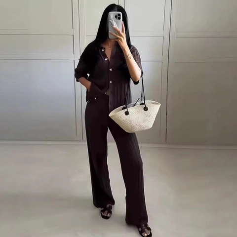 Completo Casual da Donna in Maglia a Costine Tinta Unita Manica Corta Top e Pantaloni Loungewear Streetwear