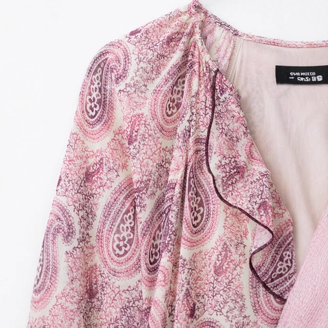 Robe Maxi pour Femmes Col en V Imprimé Paisley Volants Manches Longues Bohème Étagée Aspect Mousseline Mélange Polyester Fête