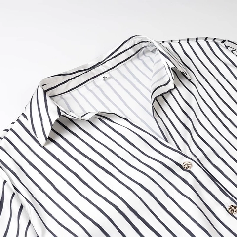 Women Casual Vertical Striped Satin Shirt Long Sleeve Single Breasted Blouse With Gold Buttons Lapel Elegant Commute Top