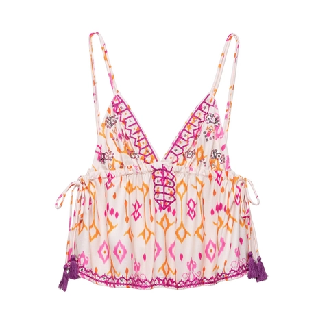 Women Bohemian V Neck Cami Top With Ikat Print Sequin Embroidery Purple Tassels Ethnic Style Sleeveless Summer Tank Top