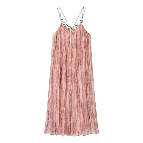 Damen Rosa Batik Plissee Cami Kleid Metallring Dekor Elegant Boho Gerade Langes Kleid