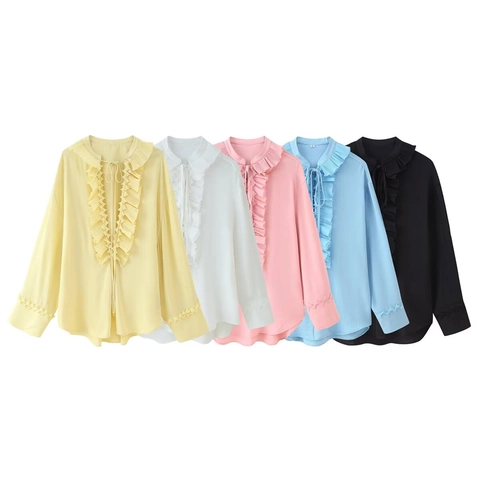 Damen Rüschen V-Ausschnitt Langarmshirt Süße Elegante Bindebluse Aus Polyester Lässiges Lockeres Top Mode Chiffon-Look
