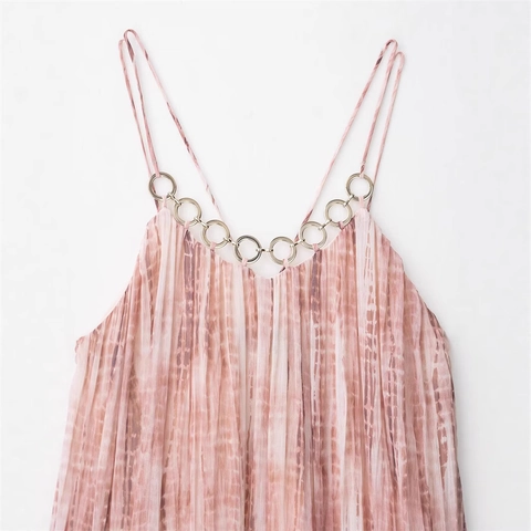 Damen Rosa Batik Plissee Cami Kleid Metallring Dekor Elegant Boho Gerade Langes Kleid