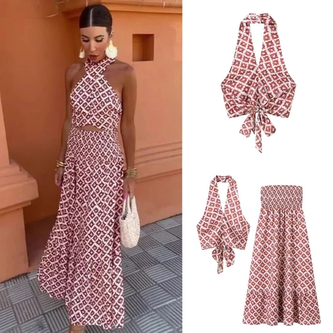 Top Halter da Donna E Gonna Maxi Stampata a Vita Alta Stampa Geometrica Bohemien Abiti da Vacanza in Spiaggia Estiva