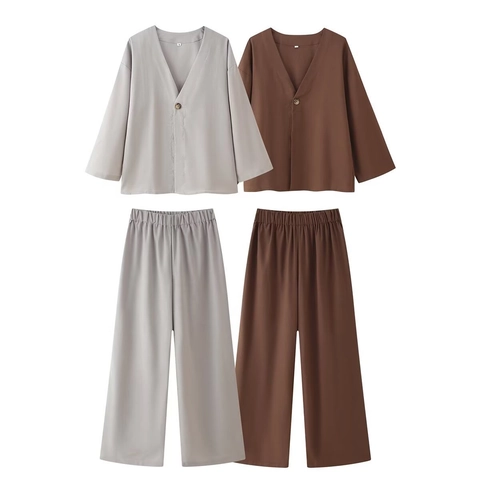 Set Casual da Donna Effetto Lino Top a Manica Lunga con Scollo a V e Bottone Singolo Pantaloni a Gamba Larga a Vita Alta