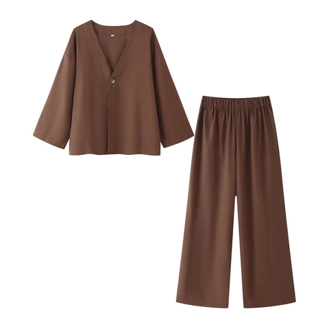Set Casual da Donna Effetto Lino Top a Manica Lunga con Scollo a V e Bottone Singolo Pantaloni a Gamba Larga a Vita Alta