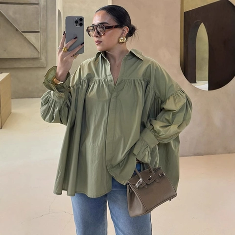 Women Oversized Long Sleeve Shirt Fashion Pleated Blouse With Ruffle Cuffs Casual Solid Color Loose Button Down Top