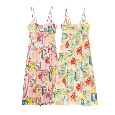 Damen Mediterran Zitrone Chili Print Spaghettiträger Kleid Sommer Mesh Italienischer Stil Vorne Knöpfe Patchwork Midi Sommerkleid