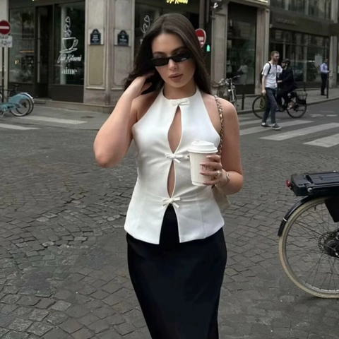 Damen Süßes Neckholder Top Hohl Geschnitten Schleifen Verzierung Ärmellos Slim Fit Polyester Streetwear Sommer Rückenfrei Weste