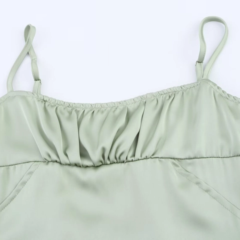 Elegantes Satin-Maxikleid mit Spaghettiträgern Damen Salbeigrün Gerafft Rückenfrei Schlitz Sommer Party Ärmelloses Unterkleid