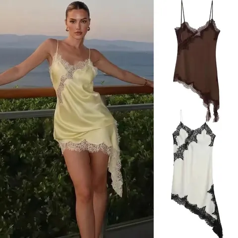 Damen Elegant Spitzenbesatz Satin Unterkleid Asymmetrisch V-Ausschnitt Spaghettiträger Einfarbig Party Urlaub Kleid