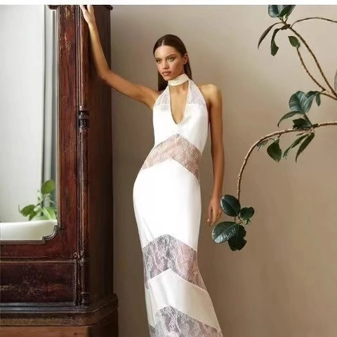 Women's Elegant White Satin Halter Maxi Dress With Lace Patchwork Sexy Backless Mermaid Long Evening Dress For Wedding Party