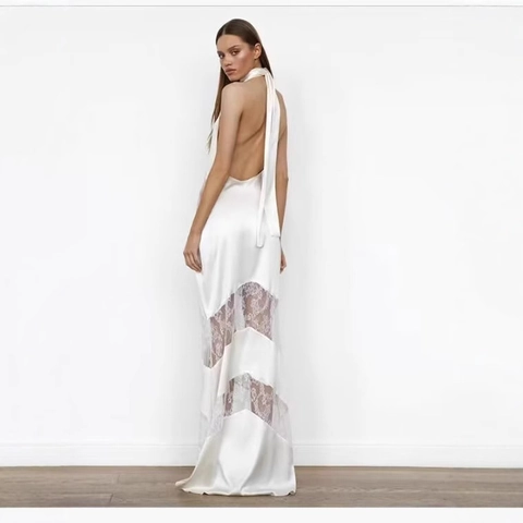 Women's Elegant White Satin Halter Maxi Dress With Lace Patchwork Sexy Backless Mermaid Long Evening Dress For Wedding Party