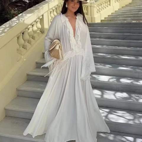 Women V Neck Ruffle Maxi Dress Flare Long Sleeve Smocked Waist Solid Color Bohemian Vacation A-Line Casual Long Dress
