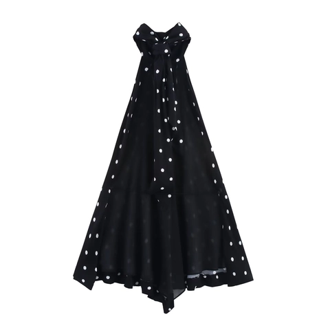 Women Elegant Black Polka Dot Halter Neck Sleeveless Maxi Dress Backless Retro Flowy A-Line Summer Party Evening Long Dress