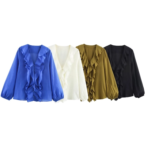 Damen Chiffon Bluse mit V-Ausschnitt Rüschen Langarm Laternärmel Lagenhemd Einfarbig Elegant Büro Party Oberteil