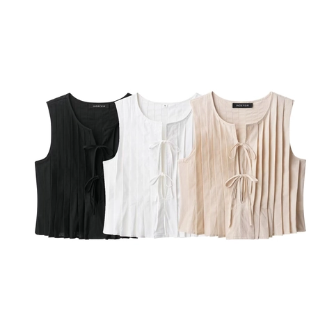 Französischer Vintage Plissee Ärmelloses Schnür-Top Damen Rundhals Einfarbig Kurz Top Sommer Casual Chic Bluse