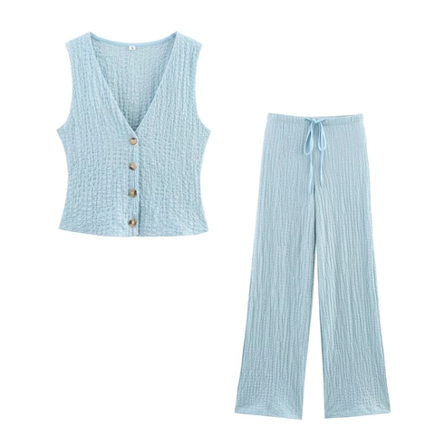 Women V Neck Button Down Vest And Drawstring Wide Leg Pants Textured Seersucker Fabric Casual Streetwear
