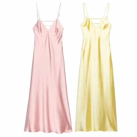 Women Satin Slip Midi Dress V Neck Adjustable Spaghetti Straps Solid Color Elegant Sleeveless Summer Party Dresses