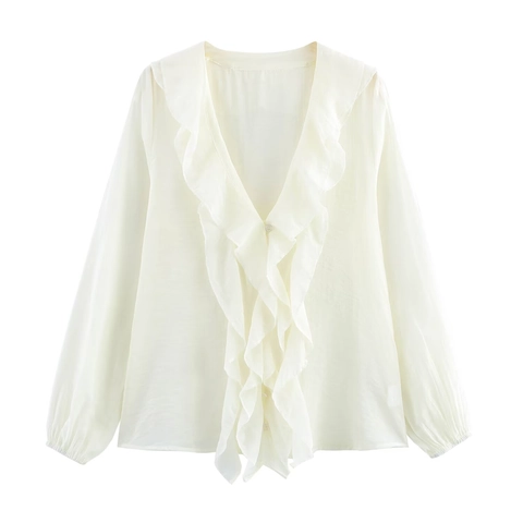 Damen Chiffon Bluse mit V-Ausschnitt Rüschen Langarm Laternärmel Lagenhemd Einfarbig Elegant Büro Party Oberteil