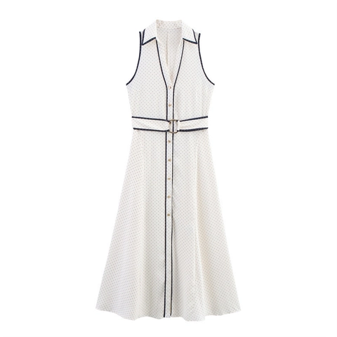 Women Casual Polka Dot Sleeveless V-Neck Shirt Dress Midi A-Line Dress With Belt Elegant Spring Summer Polka Dot Print Dress