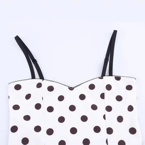 Top Camisole Vintage a Pois per Donna Nero e Bianco Doppia Spallina Vestibilità Aderente Finiture in Pizzo Sexy Casual