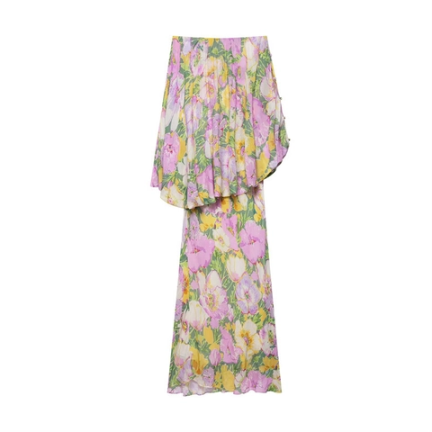 Damen Blumenmuster Bandeau-Top Asymmetrisches Maxikleid Netzrüschen Trägerloses Langes Kleid Für Sommer Strand Urlaub Party